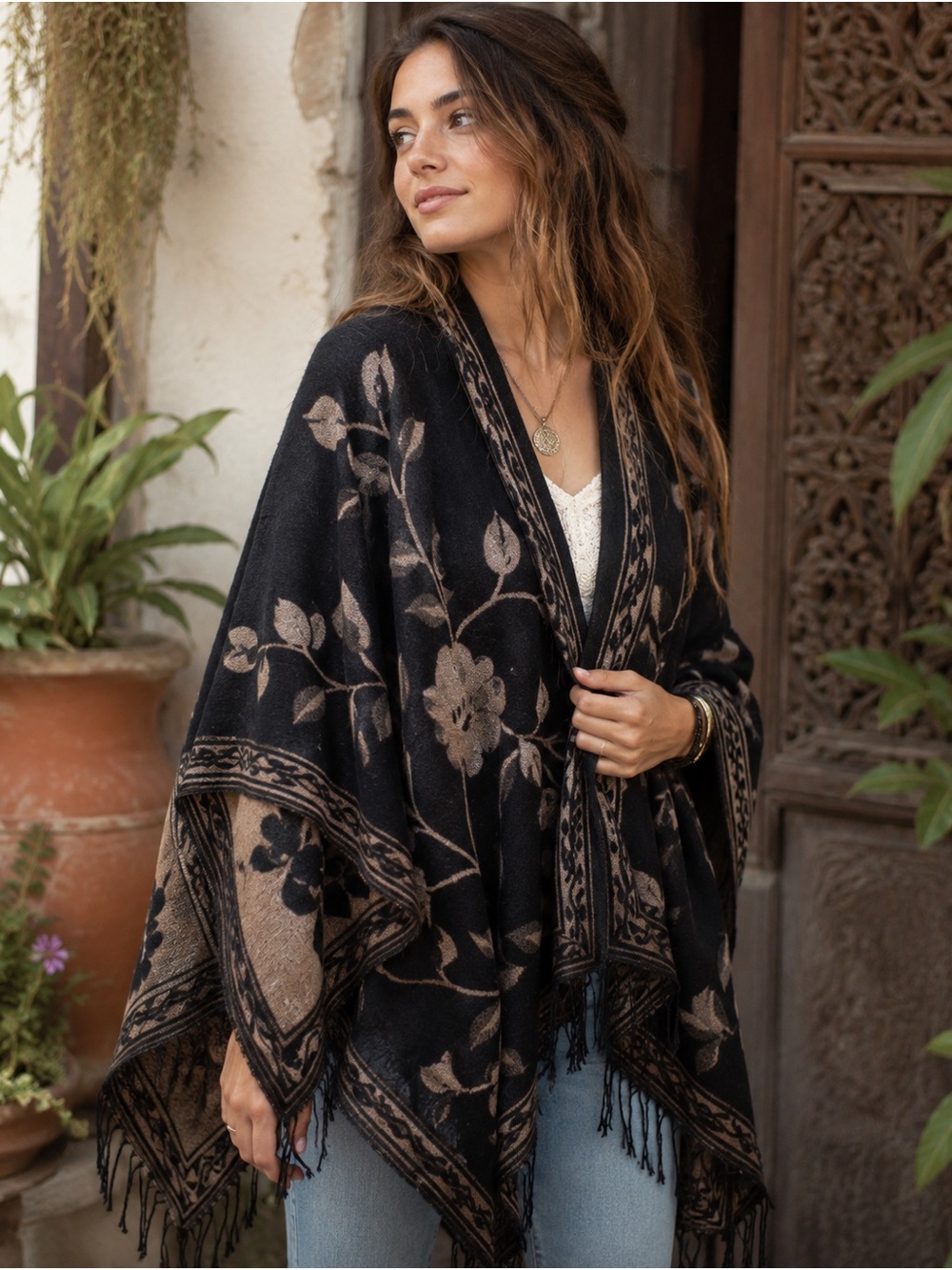 Avenue Black and Beige Floral Knit Wrap-one size fits most-#peasant#cottagecore